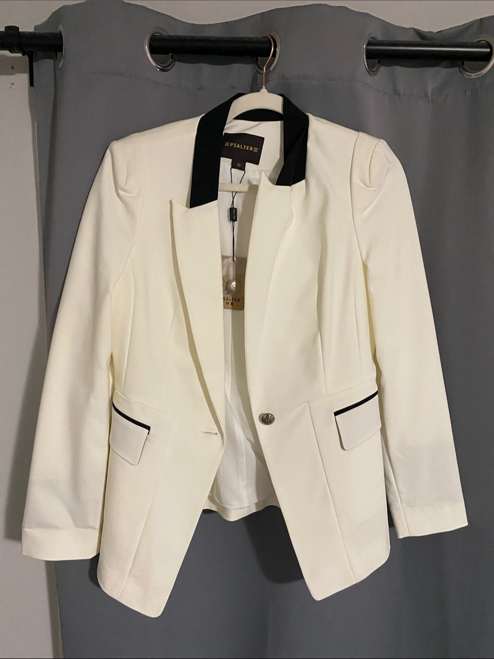 White Blazer with Black Collar and Pocket Trim